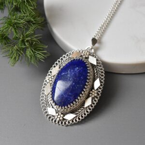 Handmade Blue Antique Mohave Lapis Lazuli Ellipse Silver Pendant