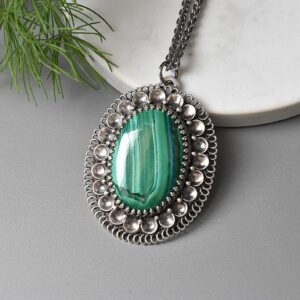Green Antique Mohave Malachite Silver Ellipse Pendant – Handmade Unique